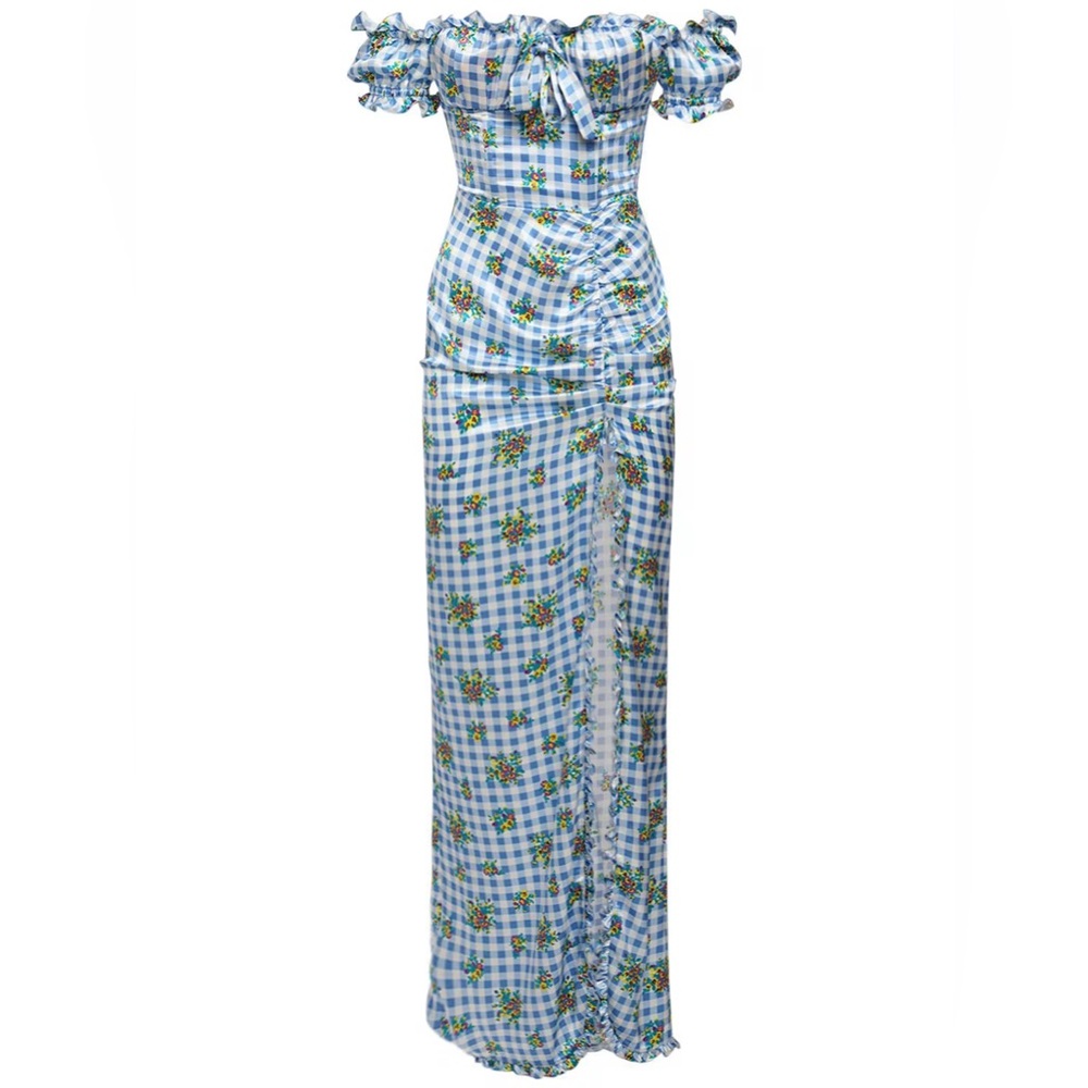 ALESSANDRA RICH Blue Gingham Print Silk Satin Long Dress Size 38/XS NWT